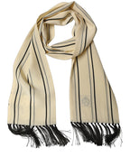 Beige Silk Striped Fringed Neck Shawl Scarf