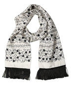 White Floral Silk Fringed Neck Shawl Scarf