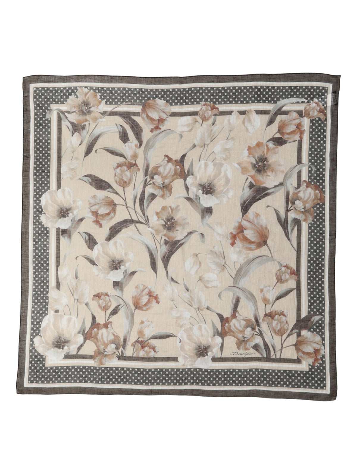 Men Beige Floral Linen Square Foulard Scarf