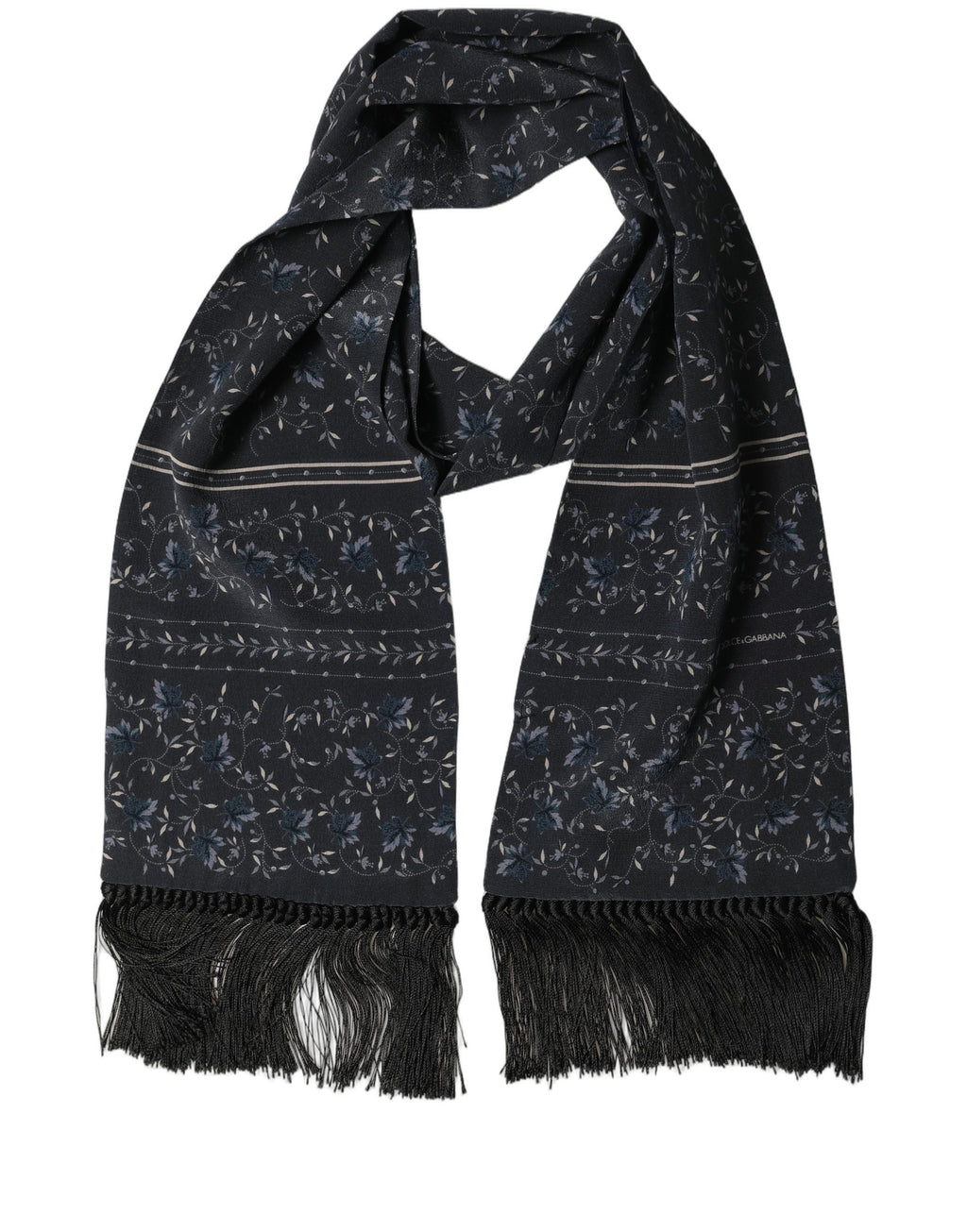 Blue Floral Silk Fringed Neck Shaw Scarf