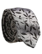 Men Gray Silk Leaf Pattern Adjustable Tied Necktie Tie