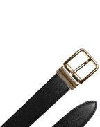Black Grained Leather Gold Metal Buckle Belt