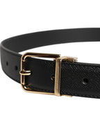 Black Grained Leather Gold Metal Buckle Belt