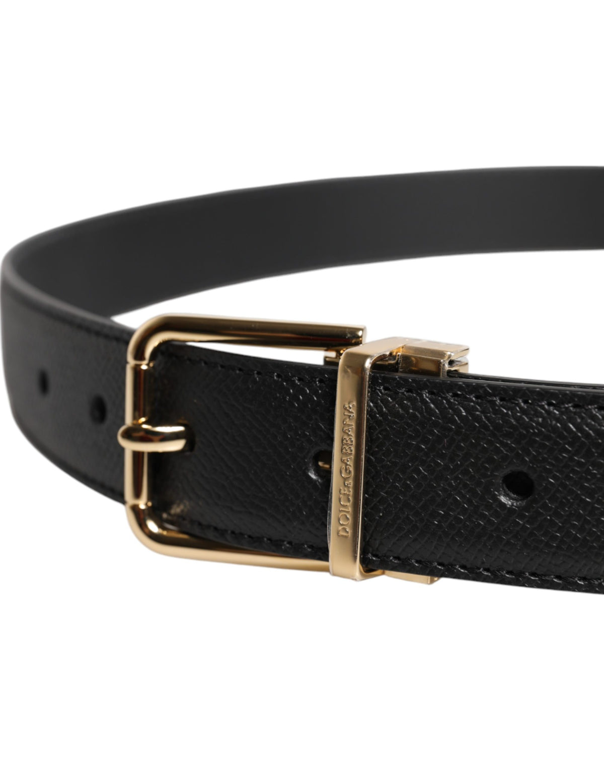 Black Grained Leather Gold Metal Buckle Belt
