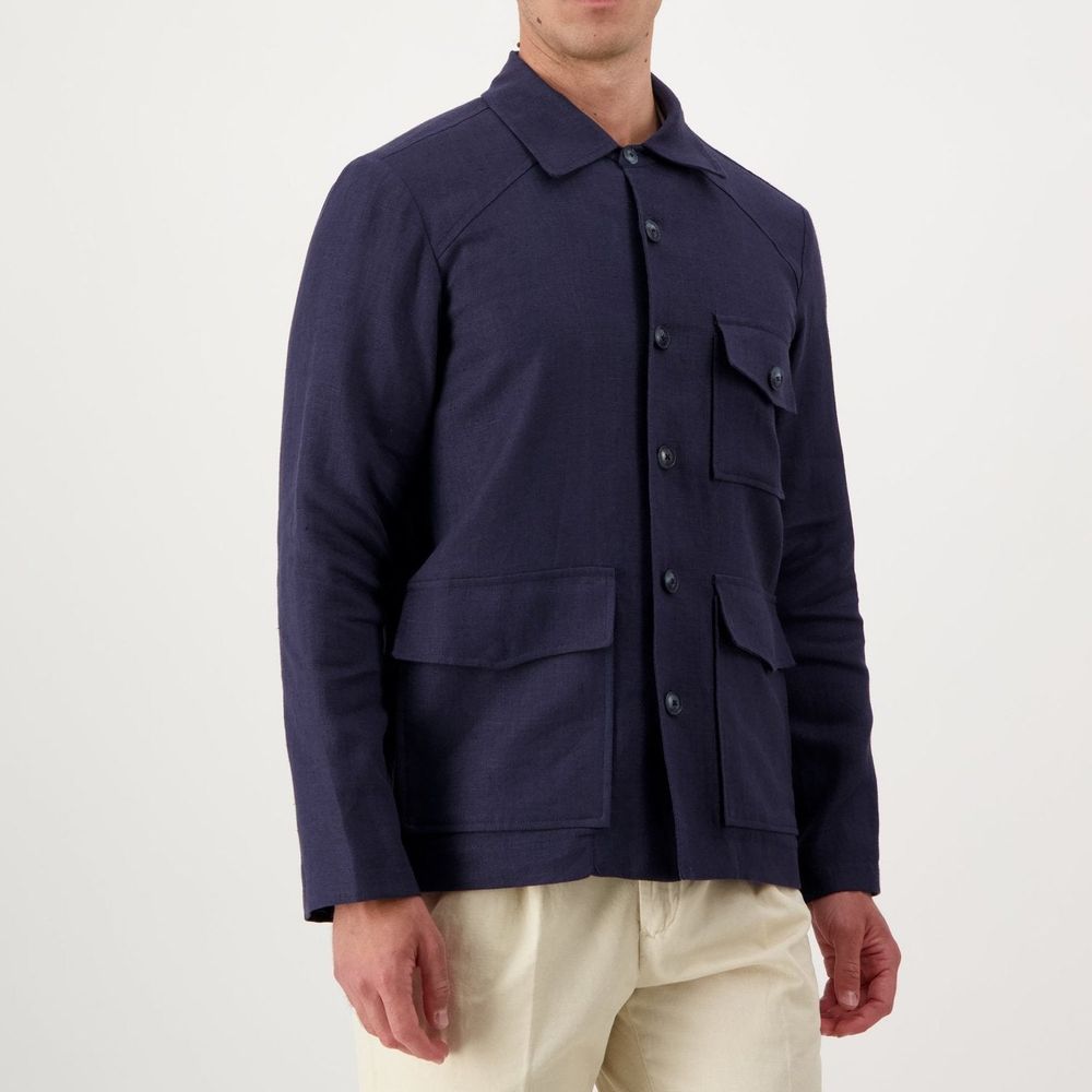 Navy Blue Linen Full-Length Jacket