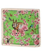 Green Floral Print Silk Square Foulard Scarf