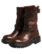 Brown Leather Mid Calf Biker Boots Shoes