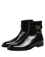 Black Leather Buckle Mid Calf Boots Shoes