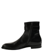 Black Leather Buckle Mid Calf Boots Shoes