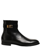 Black Leather Buckle Mid Calf Boots Shoes
