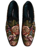 Black Velvet Floral Embroidery Loafers Shoes