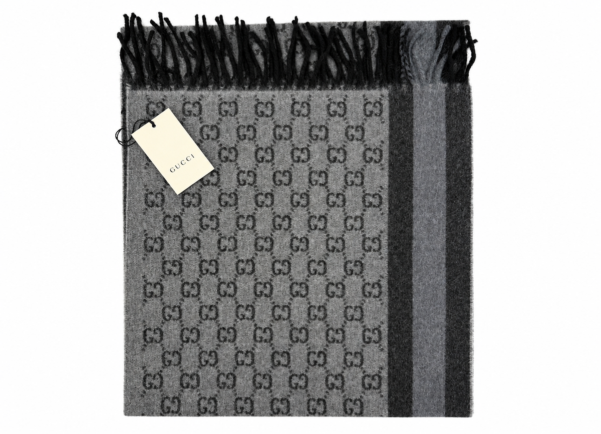 Monogram Grey Wool Scarf with Fringe
