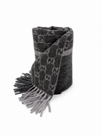 Monogram Charcoal Grey Cashmere & Wool Scarf with Fringe