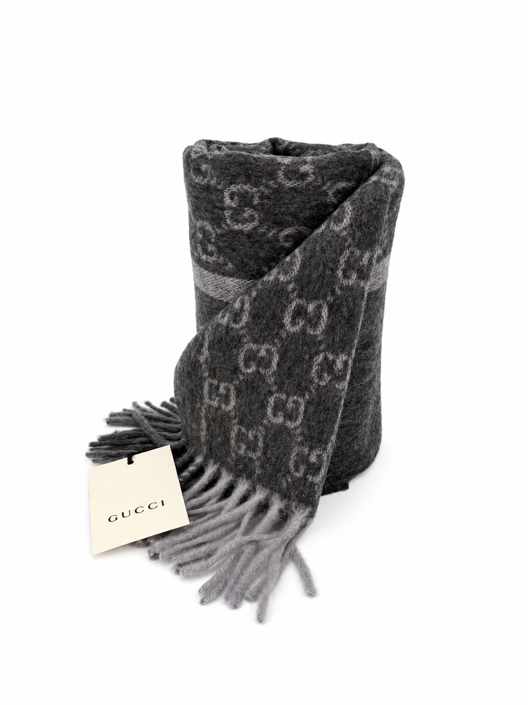 Monogram Charcoal Grey Cashmere & Wool Scarf with Fringe