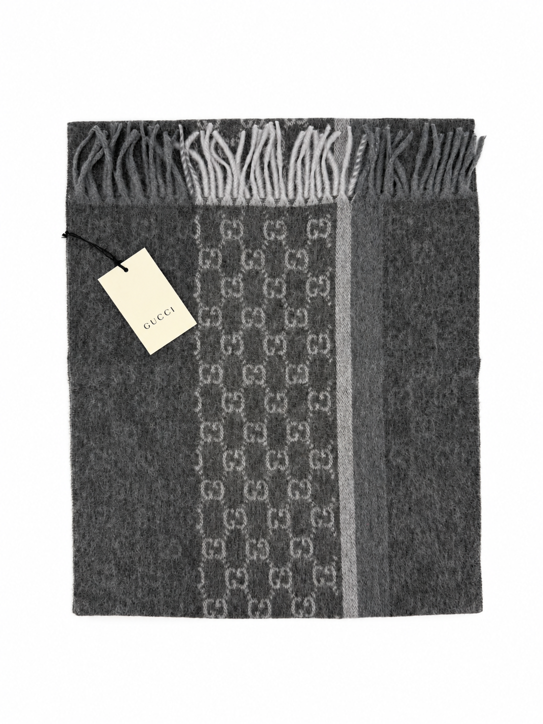 Monogram Charcoal Grey Cashmere & Wool Scarf with Fringe