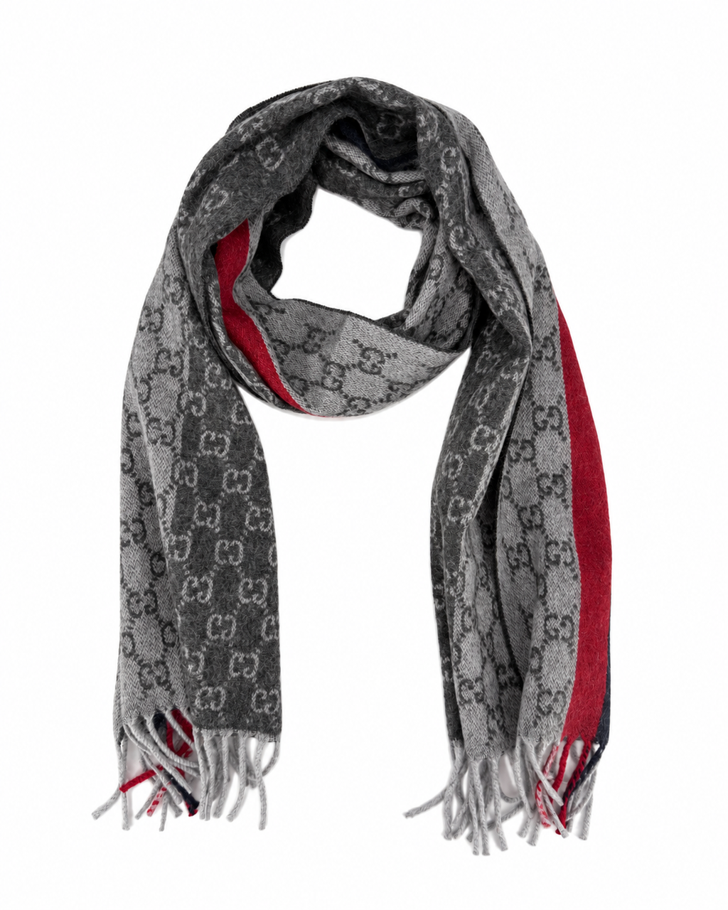 Monogram Grey Cashmere & Wool Scarf with Red & Black Stripe
