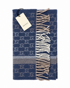 Monogram Blue Cashmere & Wool Scarf with Beige & Cream Fringe