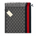 Monogram Charcoal Grey Cashmere & Wool Scarf with Red & Navy Stripe