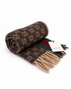 Monogram Brown Cashmere & Wool Scarf with Green & Red Web Stripe