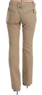 Beige Cotton Mid Waist Straight Trousers Pants