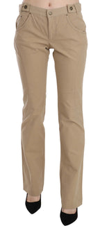 Beige Cotton Mid Waist Straight Trousers Pants