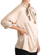 Beige Ribbon Silk Stretch Top Blouse
