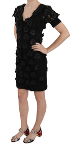 Black Silk Leather Flowers Sheath Dress