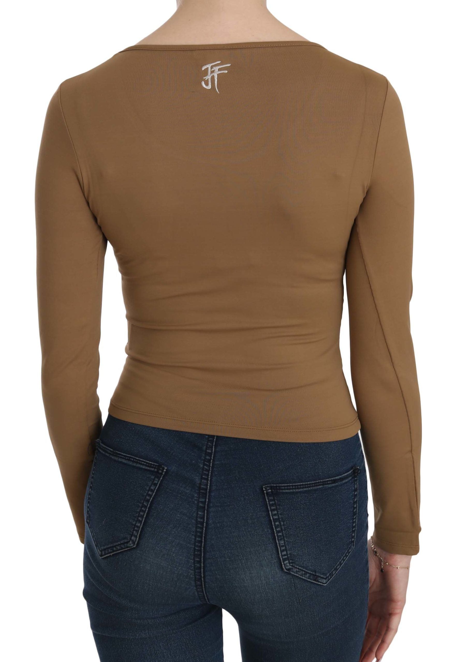 Brown Long Round Neck Sleeve Fitted Shirt Tops Blouse