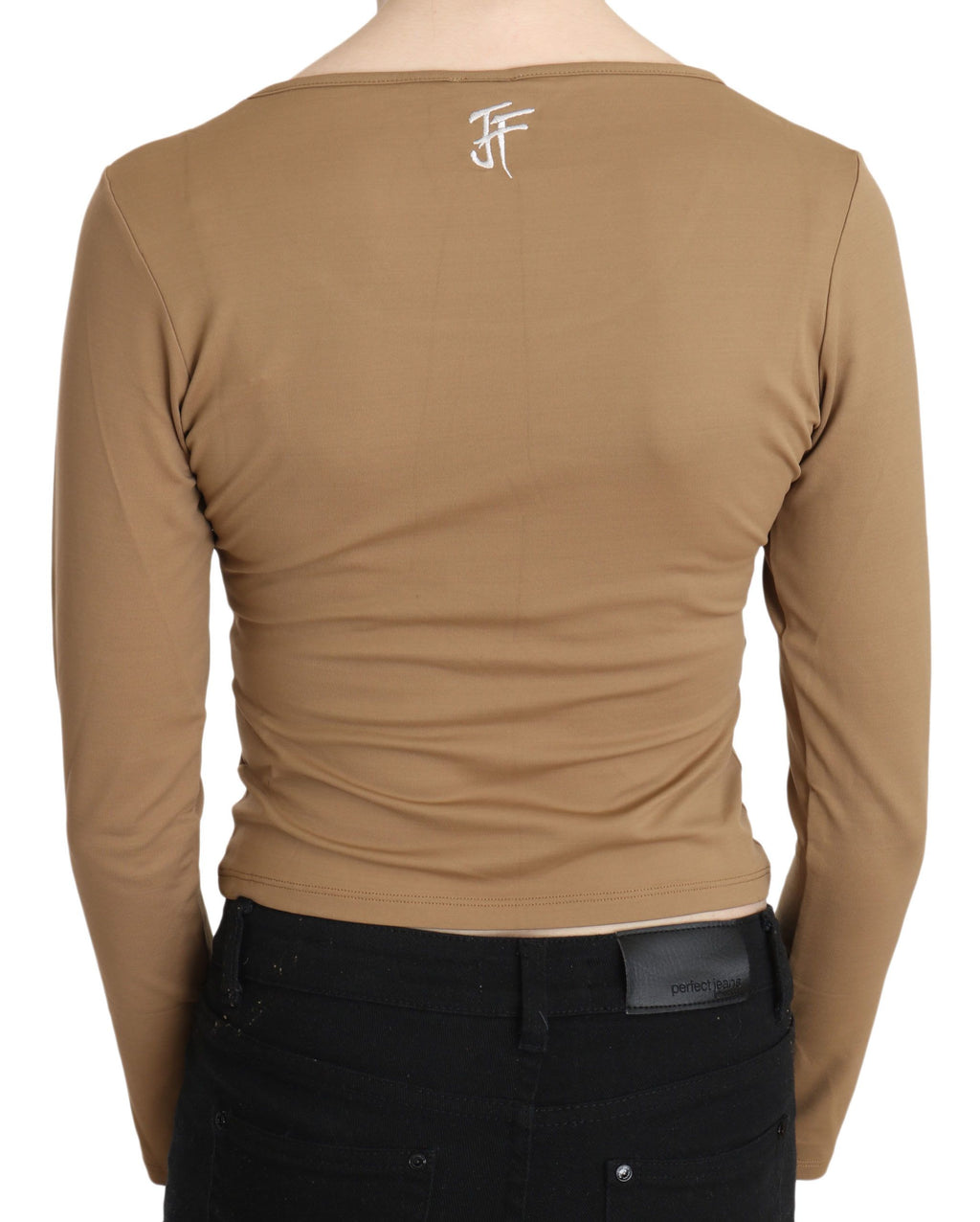 Brown Round Neck Long Sleeve Slim Crop Top Blouse