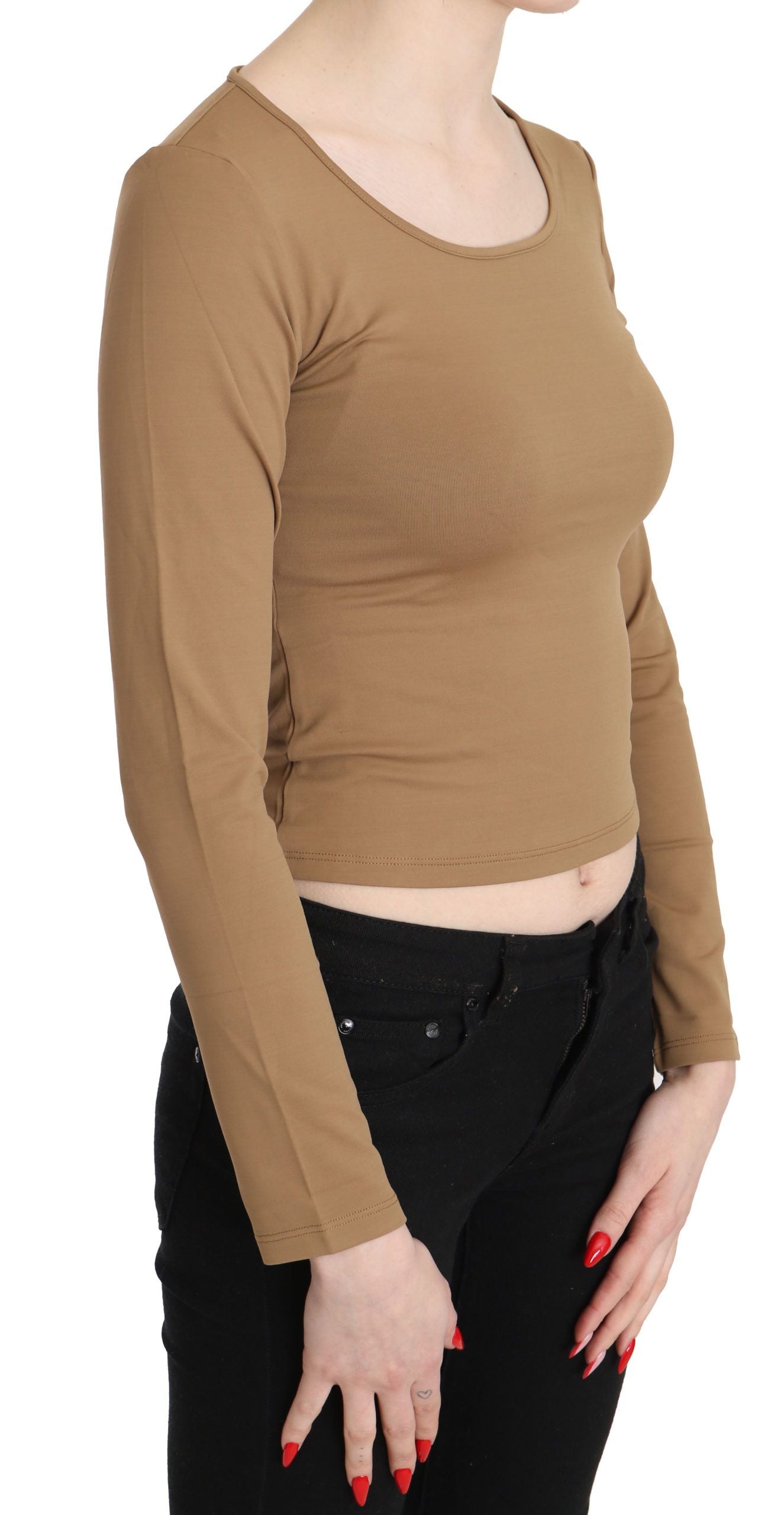 Brown Round Neck Long Sleeve Slim Crop Top Blouse