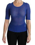 Blue See Through Round Neck Top Viscose Blouse