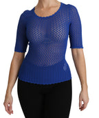 Blue See Through Round Neck Top Viscose Blouse