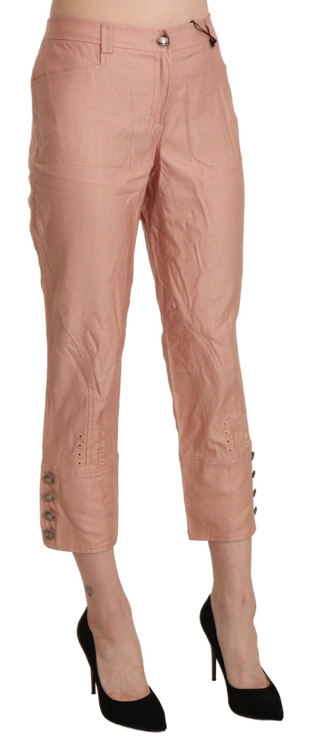 Cotton Pink High Waist Cropped Trouser Pants