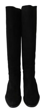 Black Suede Knee High Flat Boots Shoes