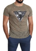 Brown Cotton Stretch Logo Print Men Casual Perforated T-shirt