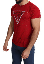 Red Cotton Logo Print Men Casual Top Perforated T-shirt