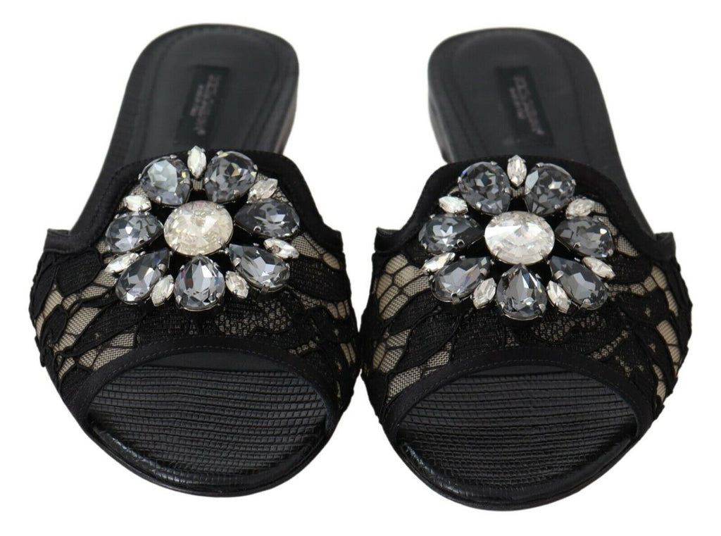 Black Taormina Lace Slides Crystals Flats Shoes