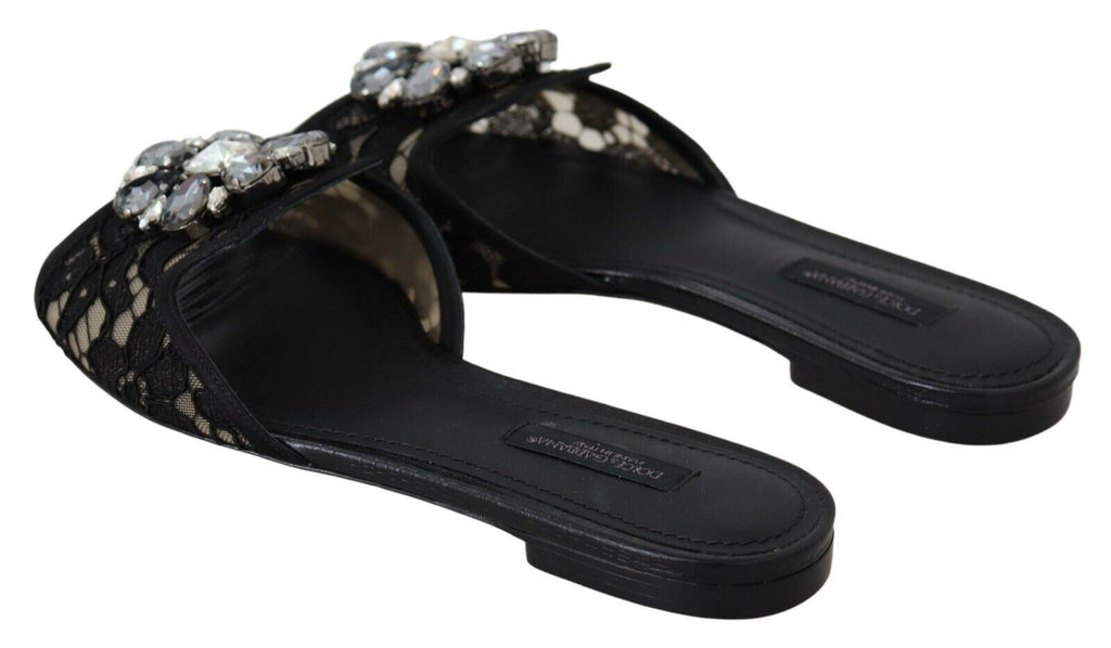 Black Taormina Lace Slides Crystals Flats Shoes