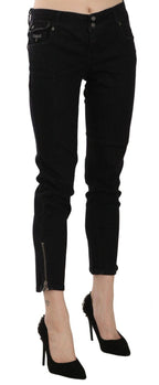 Black Mid Waist Cropped Cut Hem Denim Casual Pants