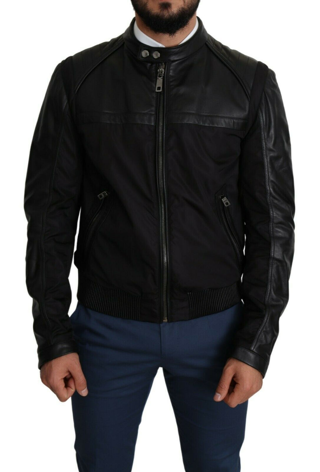 Black Nylon Full Zip Men Bomber Coat Jacket
