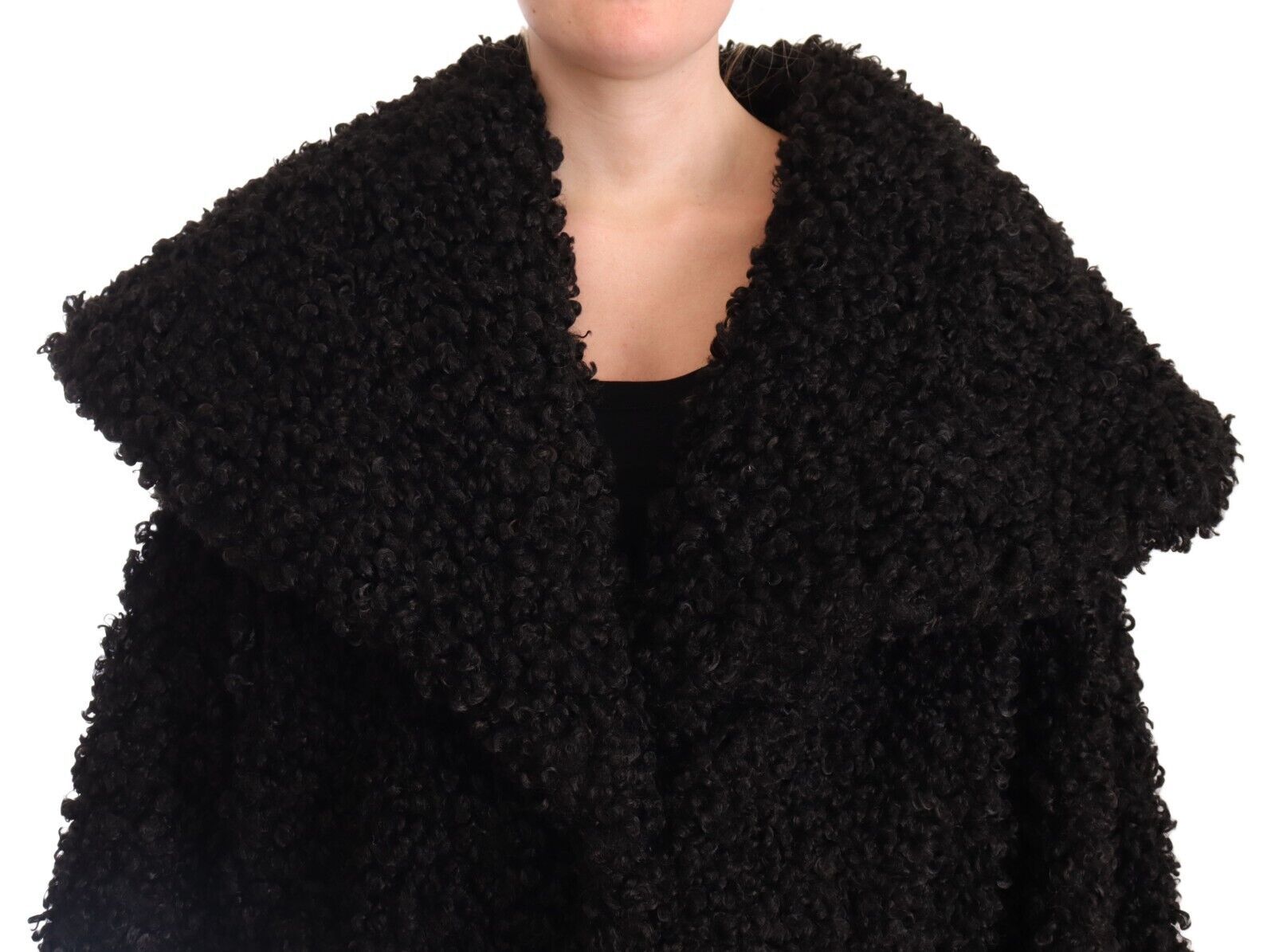 Black Polyester Fur Trench Coat Jacket