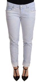 Light Blue Cotton Folded Hem Denim Skinny Women Trouser Jeans