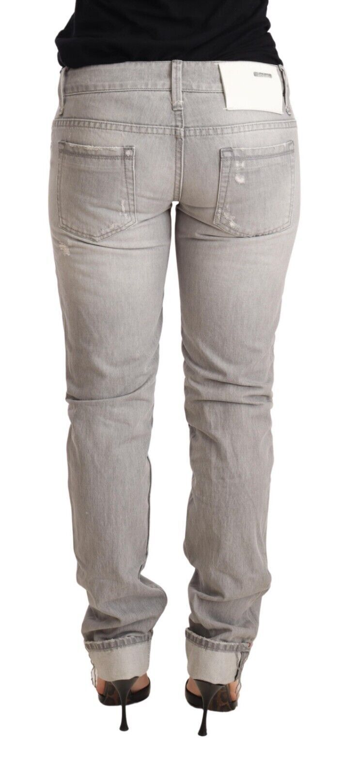 Gray Tattered Cotton Slim Fit Folded Hem Women Denim Jeans