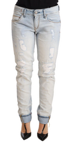 Light Blue Distressed Cotton Folded Hem Denim Trouser Jeans