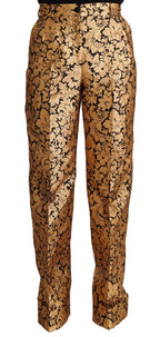 Gold Floral Jacquard Straight Polyester Pants