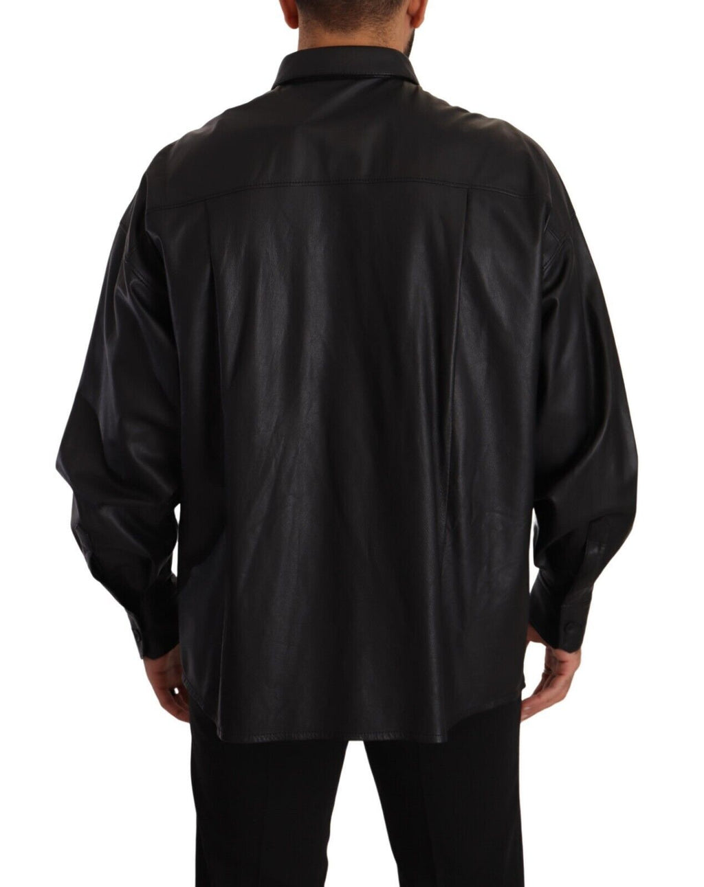 Black Leather Button Down Men Collared Jacket