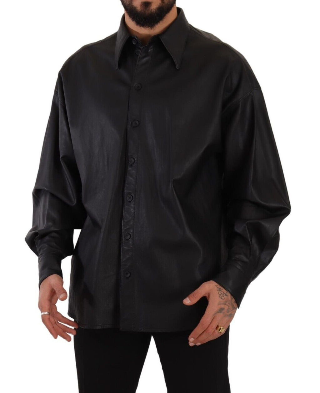 Black Leather Button Down Men Collared Jacket