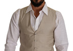 Beige Cotton Silk Slim Fit Waistcoat Vest