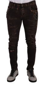 Brown Distressed Slim Fit Skinny Denim Jeans