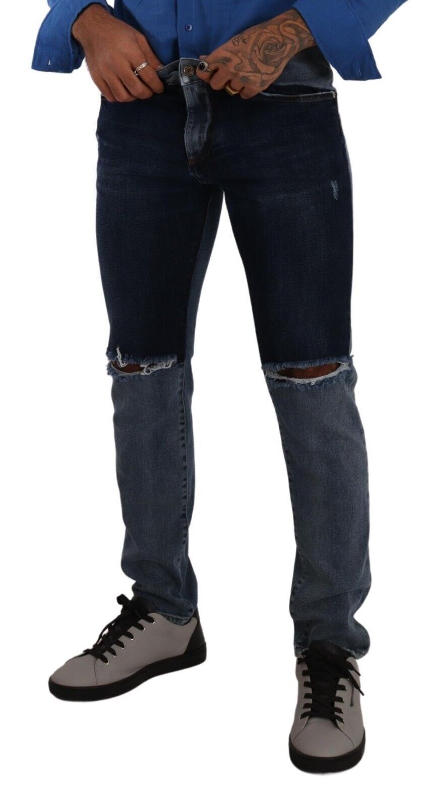 Blue Two Tone Tattered Cotton Slim Denim Jeans